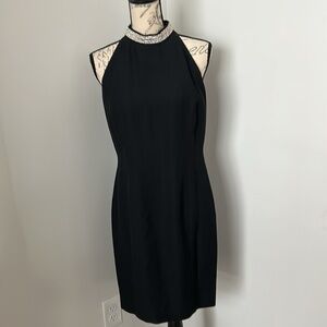 Elegant Formal Black Dress Rhinestone Mock Neckline Sleeveless Lined Size 10P